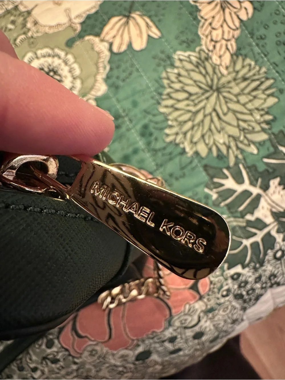 MICHAEL KORS Dark Green Saffiano Crossbody with Gold Chain
